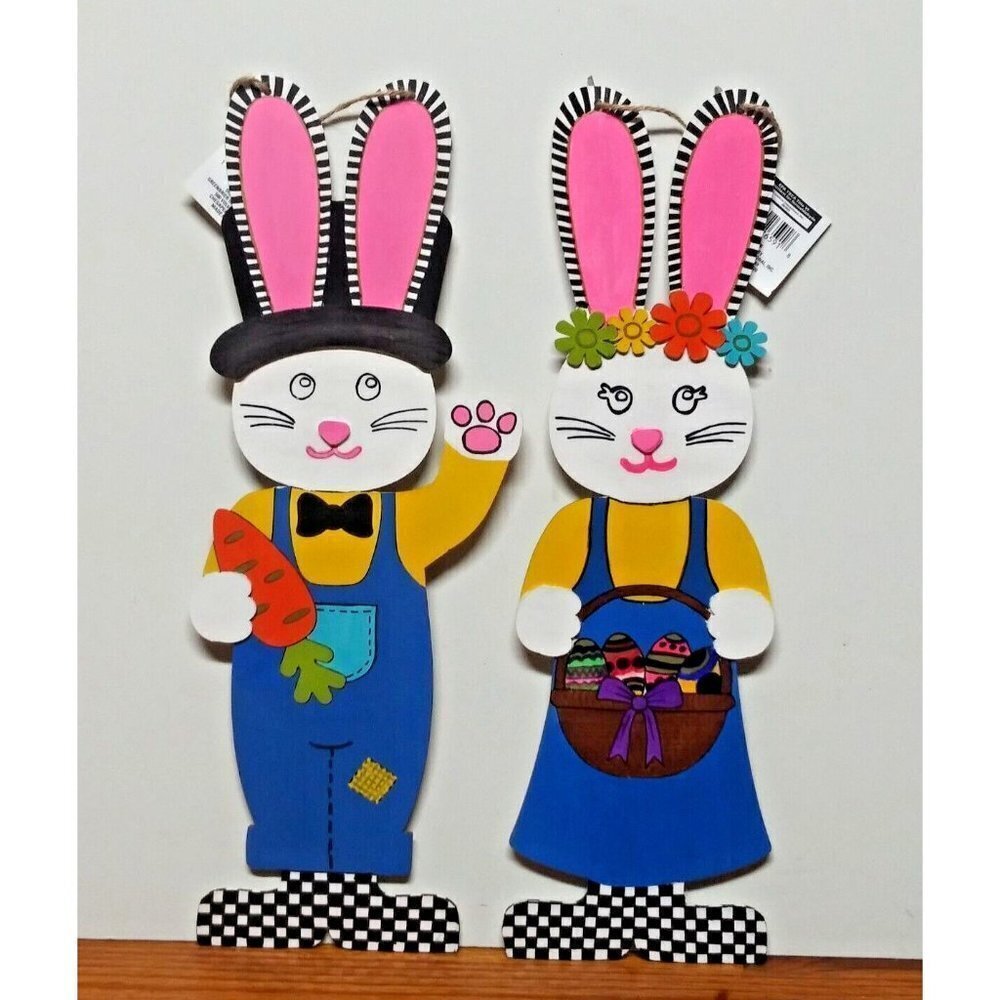 Bunny Rabbit Couple designer Inspired wall hanging 18" NWT Easter WHIMSICAL
